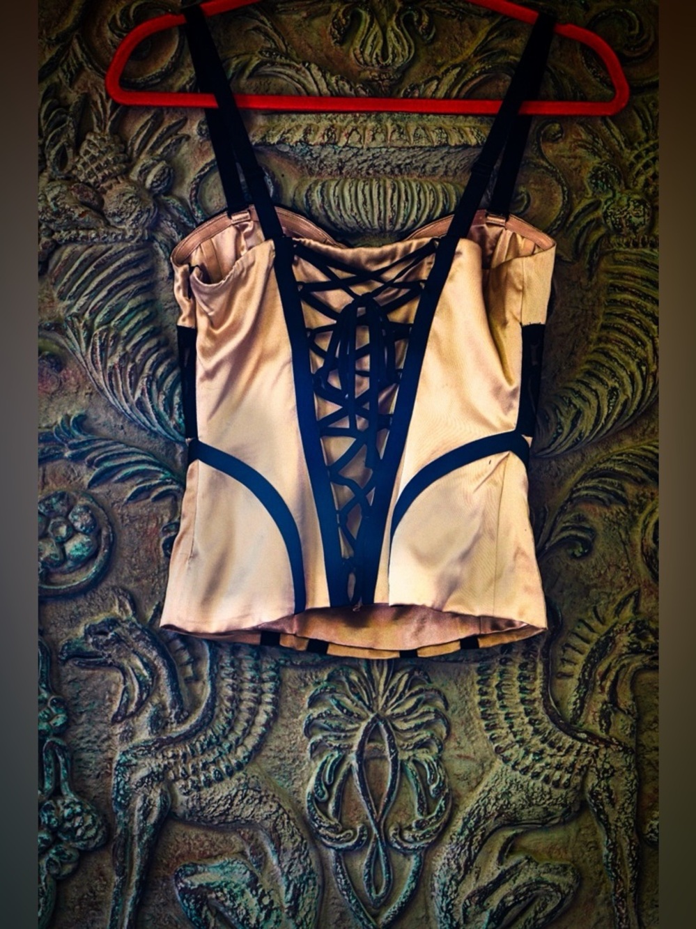 Bebe Champagne Satin & Black Lace Corset Top - Size XS - Picture 5 of 7